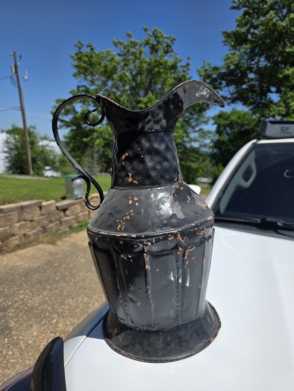 Vintage Distressed Black Metal Pitcher Vase